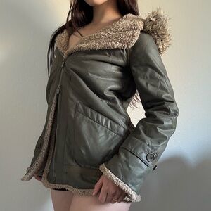 BCBGMaxAzria Green Utility Jacket with Faux Fur Trim